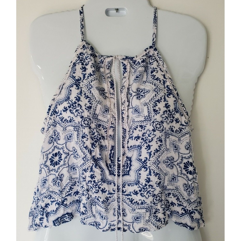 PacSun Me To We Blue & White Patterned Halter Tank Crop Top Size XS Extra Small